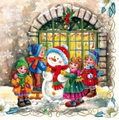 画像1: 【ナプキン】 Four childs with Snowmen